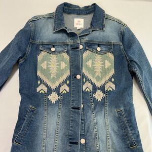 Women's Denim Jean Jacket Embroidered Size M Pink Buttons